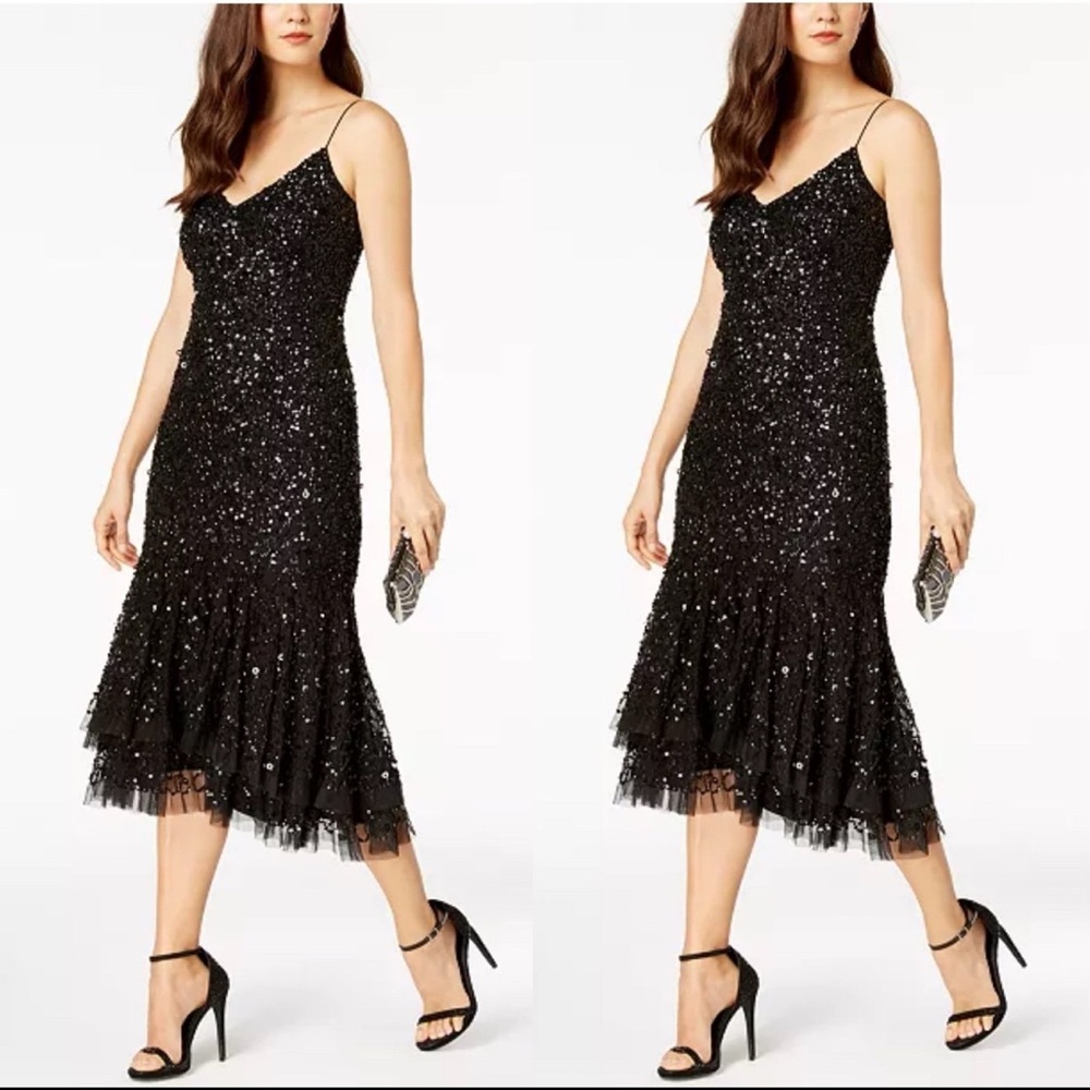 Adrianna Papell Black Sequin Midi Dress